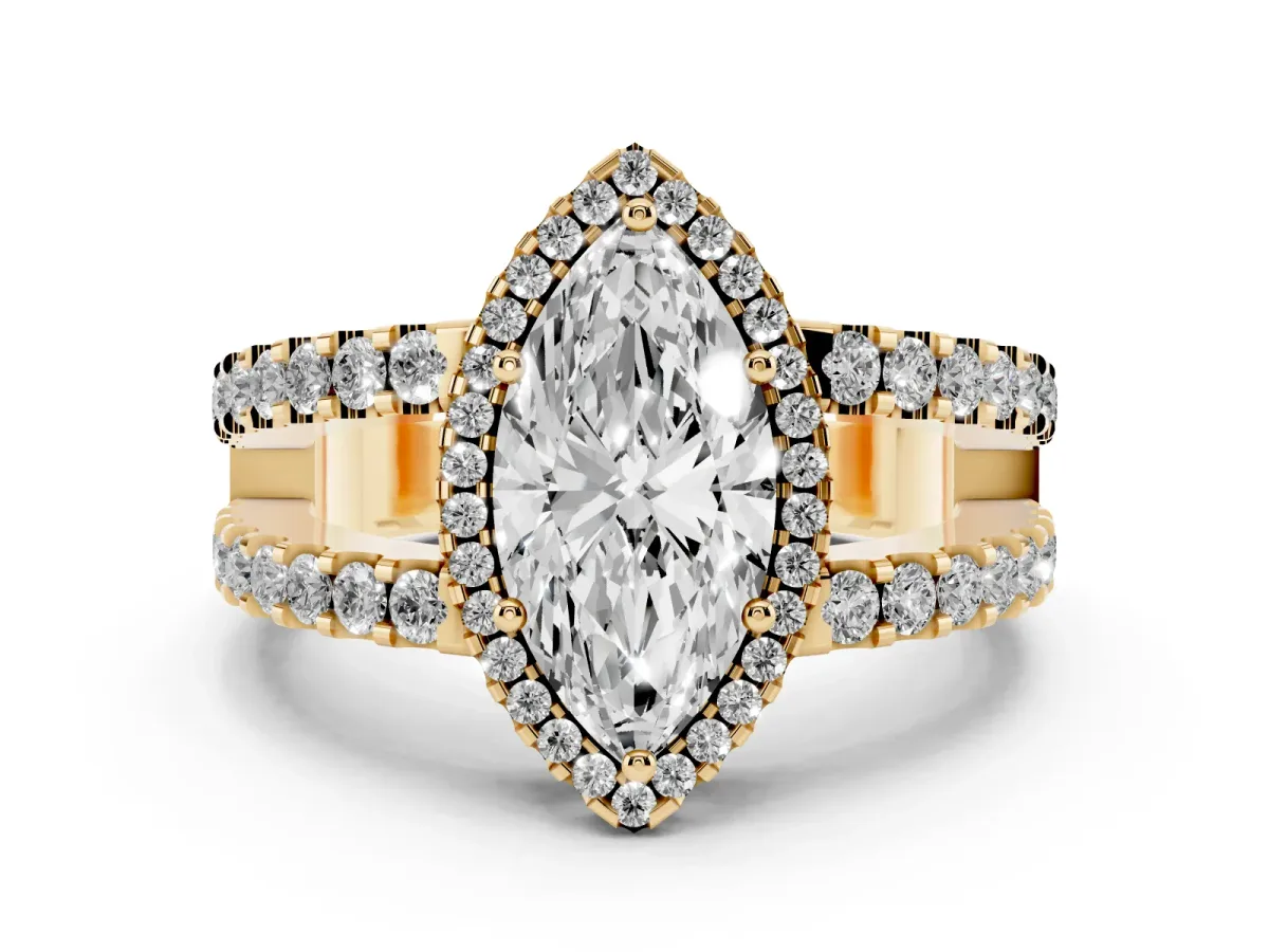 Marquise Cut Cut Halo Split Shank Diamond Ring with Four-Prong Setting Yellow gold