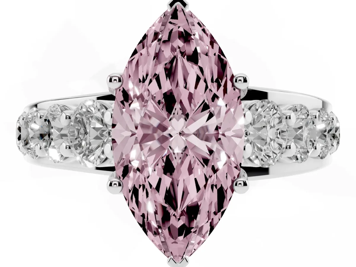 Fancy Pink Marquise Cut Diamond Engagement Ring with Pavé Band and Four-Prong Setting Silver