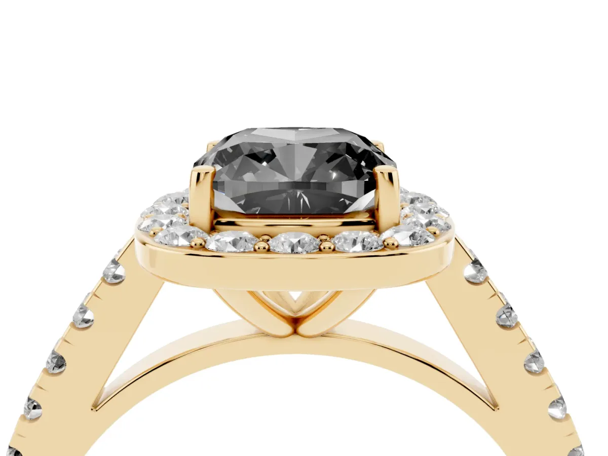 Fancy Black Cushion Cut Diamond Halo Ring with Round Pavé Split Shank and Prong Setting Yellow gold