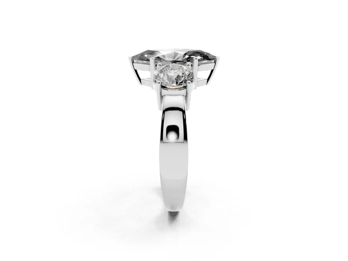 Fancy Black Three-Stone Marquise Cut Diamond Ring with Round Side Stones, Classic Band, and Four-Prong Setting Silver
