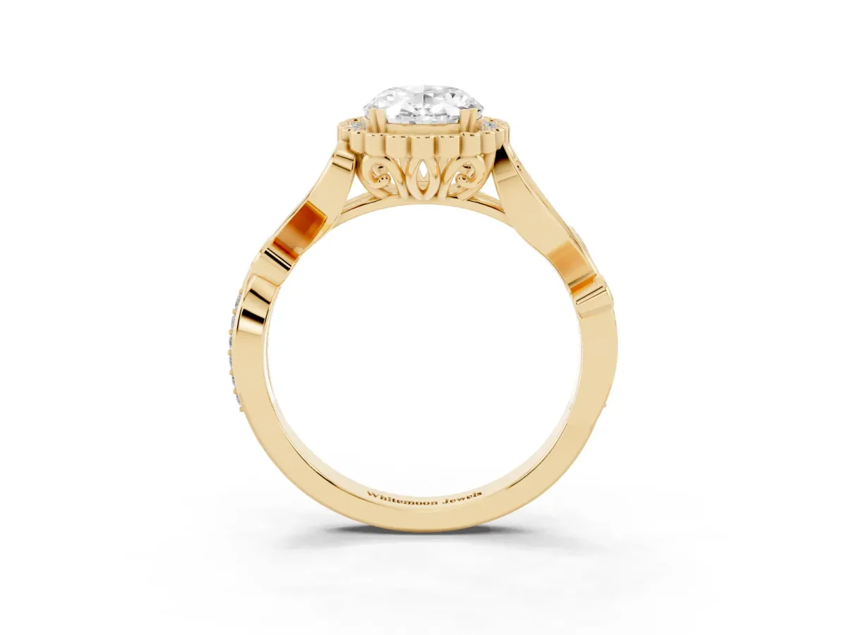 Oval Cut Diamond Halo Ring with Vintage Split Shank and Four-Prong Setting Yellow gold