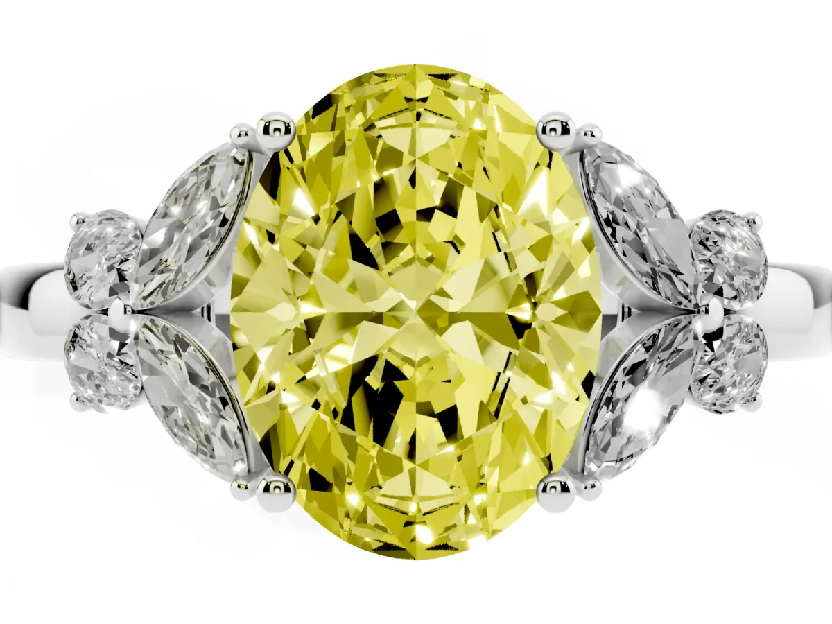 Fancy Yellow Oval Cut Cut Solitaire Floral Diamond Ring with Four-Prong Setting Platinum