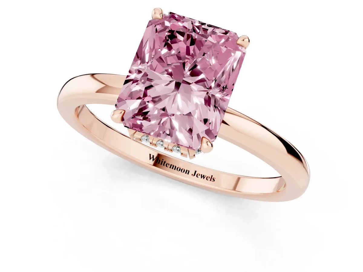 Fancy Pink Radiant Cut Solitaire Engagement Ring with Cathedral Band and Four-Prong Setting Rose gold