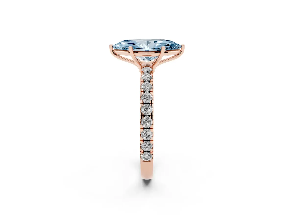 Fancy Blue Marquise Cut Diamond Pavé Solitaire Engagement Ring with Four-Prong Setting Rose gold