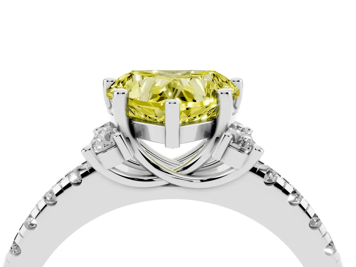 Fancy Yellow Heart Cut Diamond Three-Stone Pave Band with Four-Prong Setting Silver