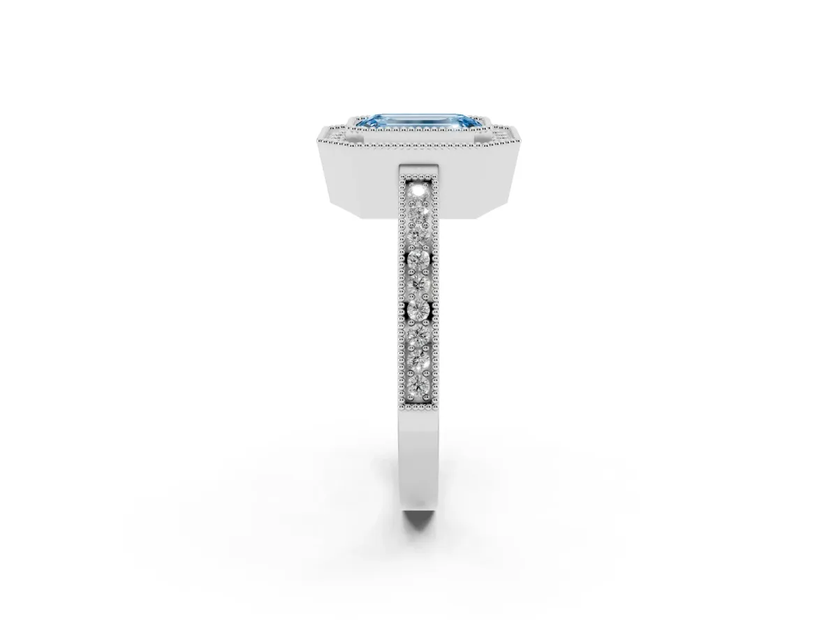 Fancy Blue Emerald Cut Cut Halo Diamond Ring with Pavé Band and Milgrain Prong Setting Platinum