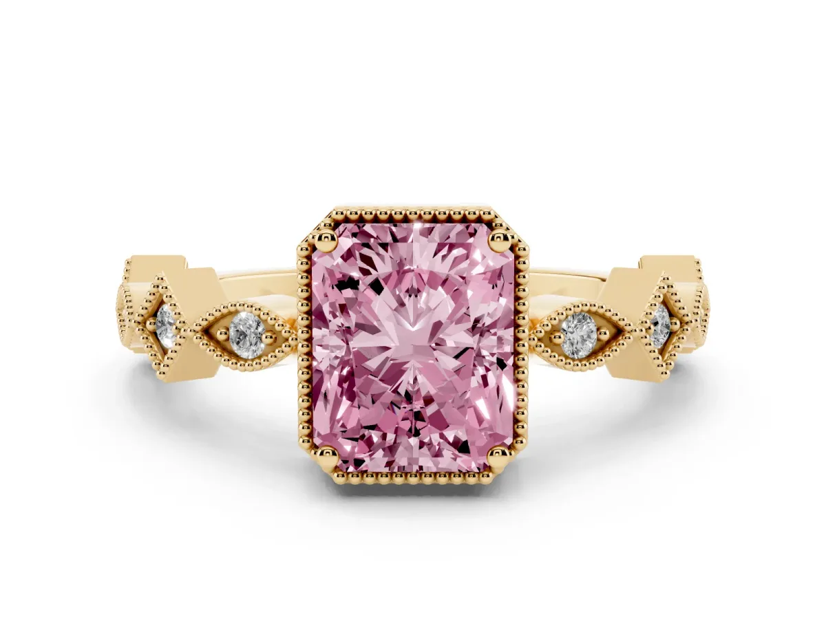 Fancy Pink Radiant Cut Milgrain Marquise Diamond Twist Band Ring Yellow gold