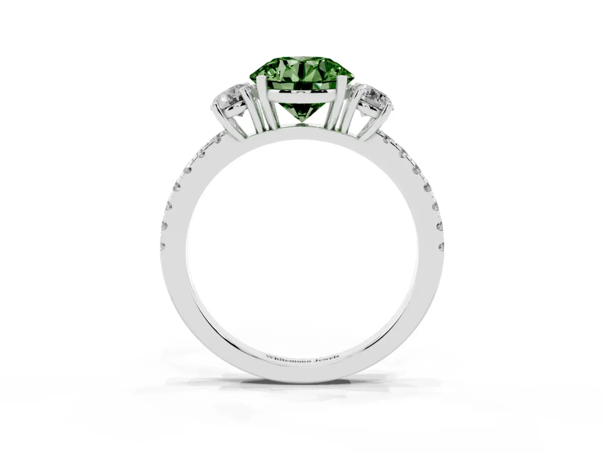 Fancy Green Three-Stone Round Cut Cut Diamond Pavé Band with Prong Setting Platinum