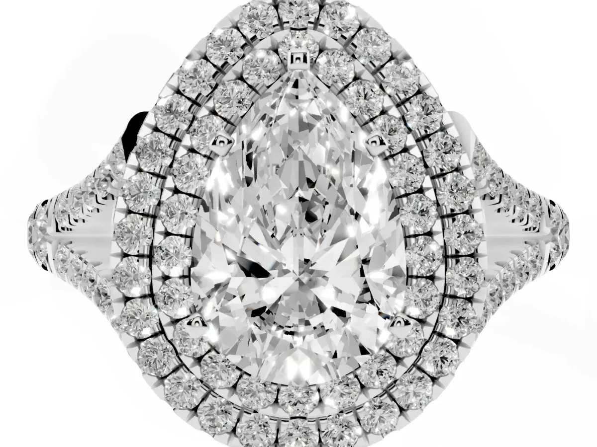 Pear Cut Diamond Pavé Split Shank Double Halo Engagement Ring Silver