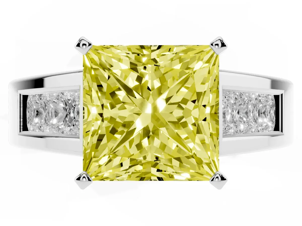 Fancy Yellow Princess Cut Cut Channel Set Solitaire Ring with Four-Prong Setting Platinum