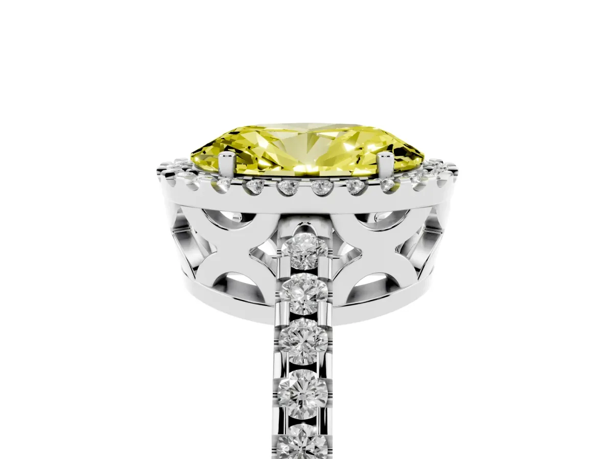 Fancy Yellow Oval Cut Diamond Halo Engagement Ring with Pavé Band and Prong Setting White gold