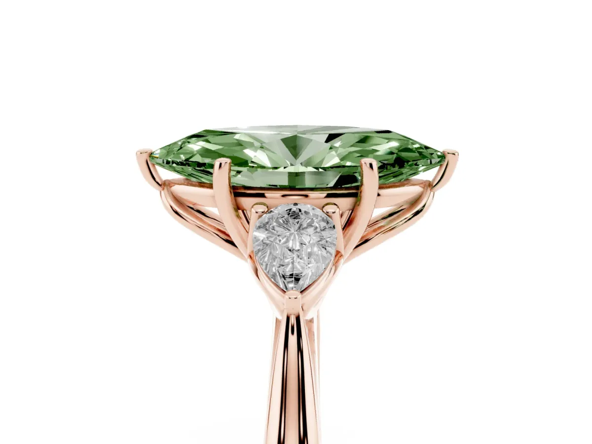 Fancy Green Three-Stone Marquise Cut Diamond Ring with Pear Side Stones in Four-Prong Setting Rose gold