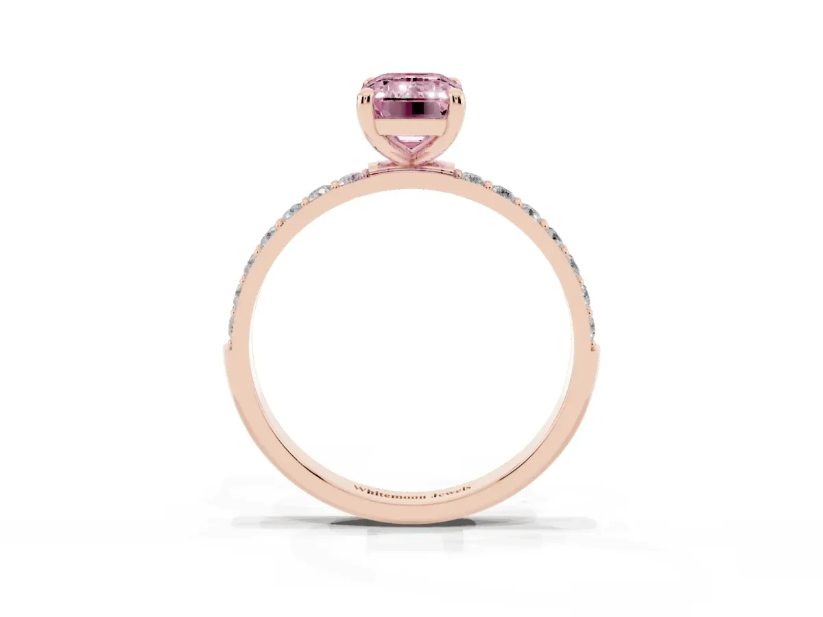Fancy Pink Emerald Cut Diamond Solitaire Ring with Round Pavé Band and Prong Setting Rose gold