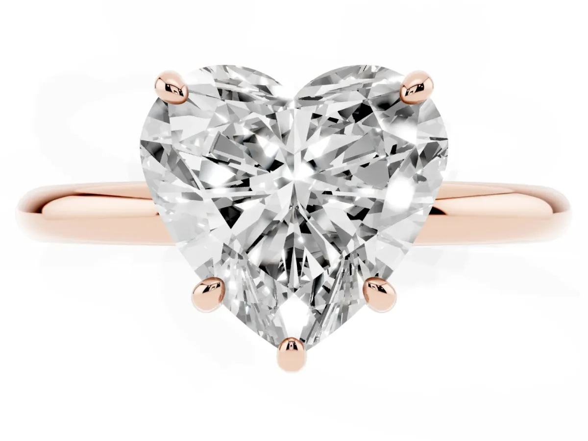 Heart Cut Solitaire Diamond Ring with Four-Prong Setting on a Plain Band Rose gold