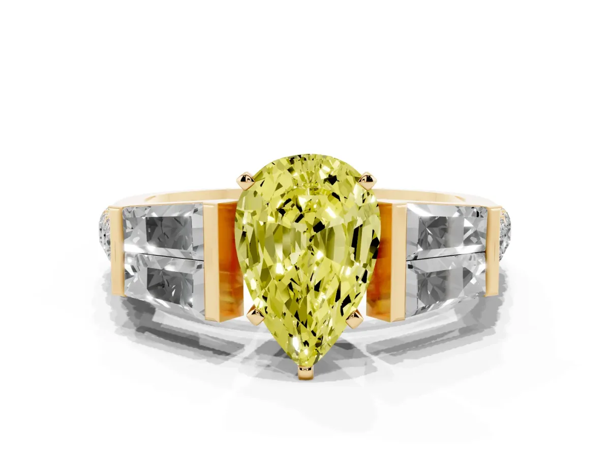 Fancy Yellow Pear Cut Diamond Engagement Ring with Baguette Side Stones and Channel Set Band Yellow gold