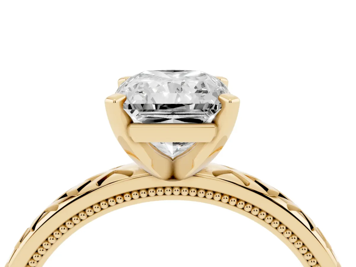 Radiant Cut Solitaire Diamond Ring with Milgrain and Black Enamel X Pattern Band Yellow gold