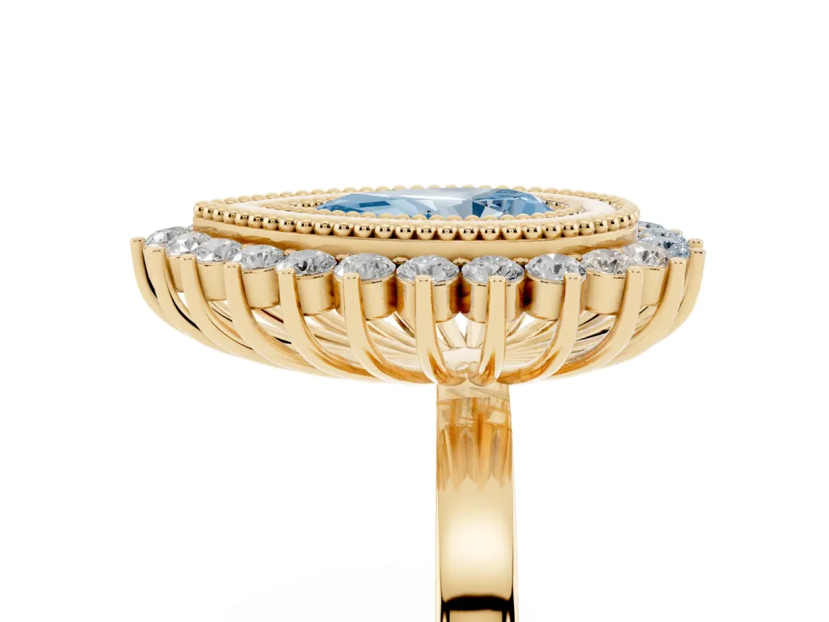 Fancy Blue Pear Cut Halo Diamond Ring with Milgrain Edge and Round Prong Setting Yellow gold