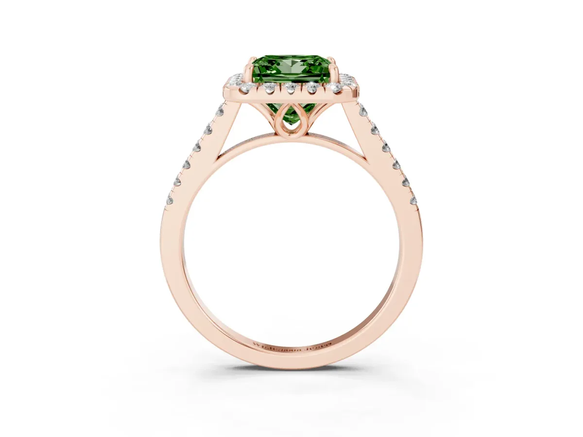 Fancy Green Princess Cut Halo Pavé Diamond Engagement Ring with Four-Prong Setting Rose gold