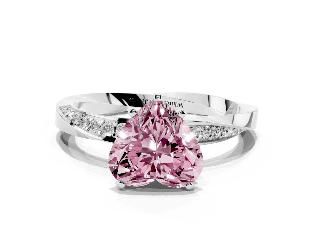 Fancy Pink Heart Cut Diamond Engagement Ring with Side Stone Accents and Four-Prong Setting Platinum