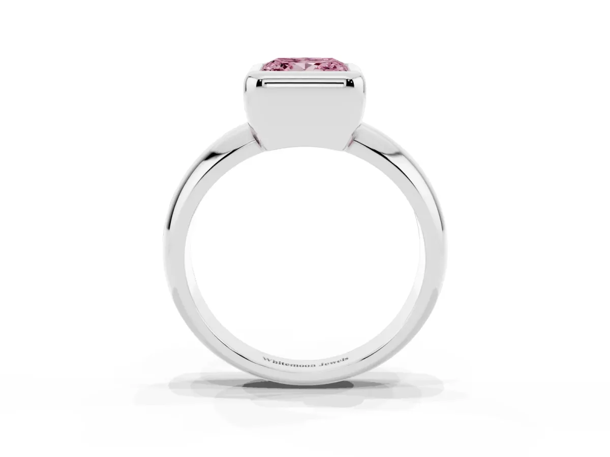 Fancy Pink Bezel Set Princess Cut Solitaire Ring with Wide Band Platinum