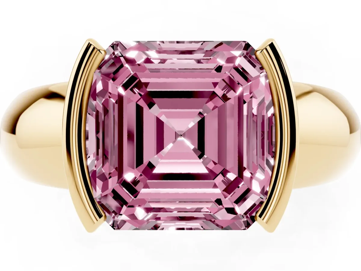 Fancy Pink Asscher Cut Solitaire Tension Set Diamond Ring with Wide Band Yellow gold
