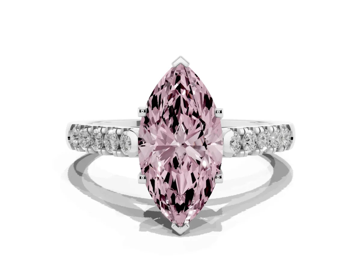 Fancy Pink Marquise Cut Diamond Pavé Band Solitaire Ring with Prong Setting Silver