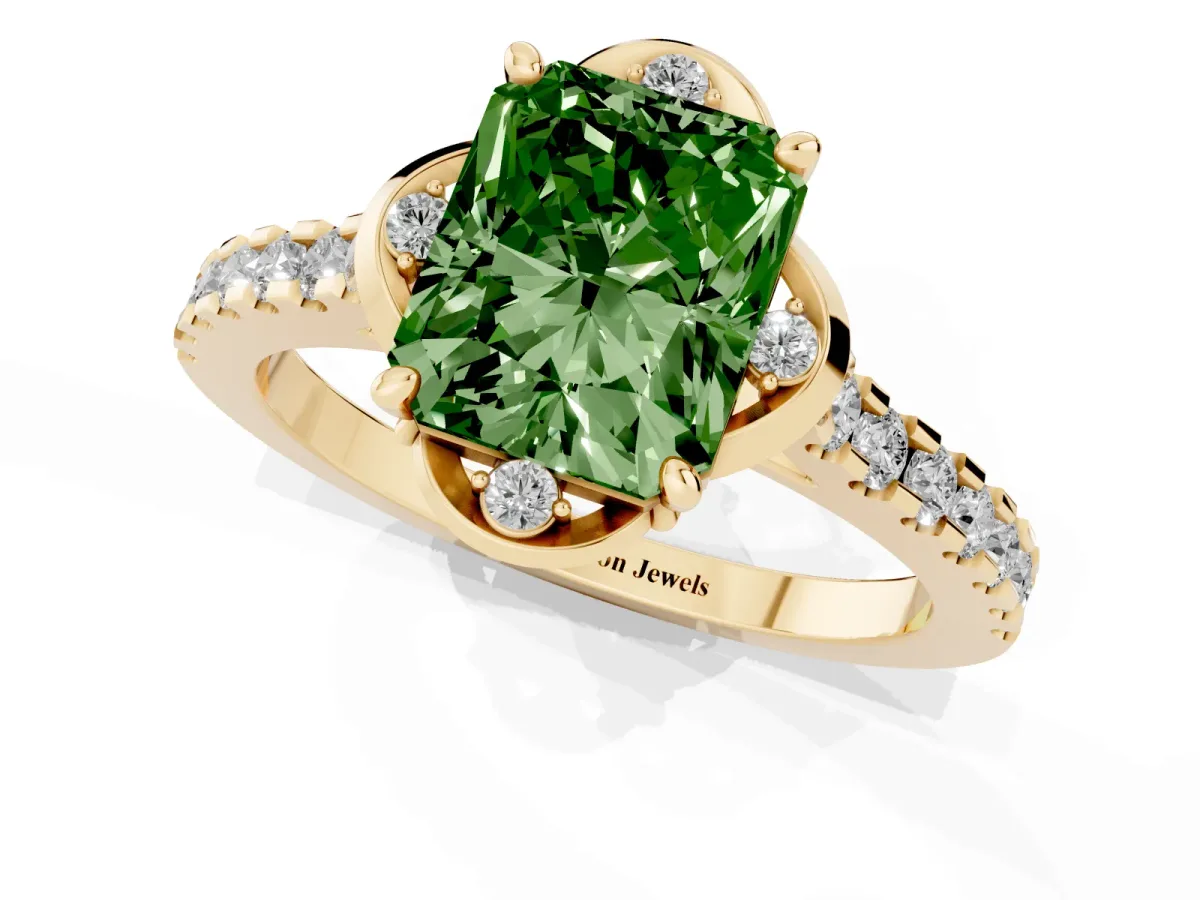 Fancy Green Radiant Cut Diamond Ring with Pavé Band and Floral Prong Setting Yellow gold