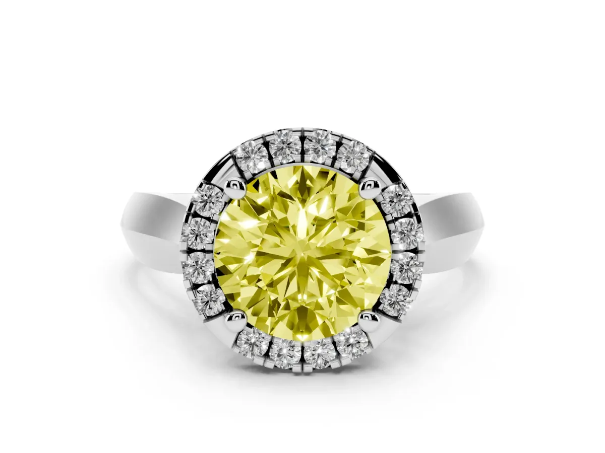 Fancy Yellow Round Cut Cut Halo Solitaire Engagement Ring with Square Band and Four-Prong Setting Silver
