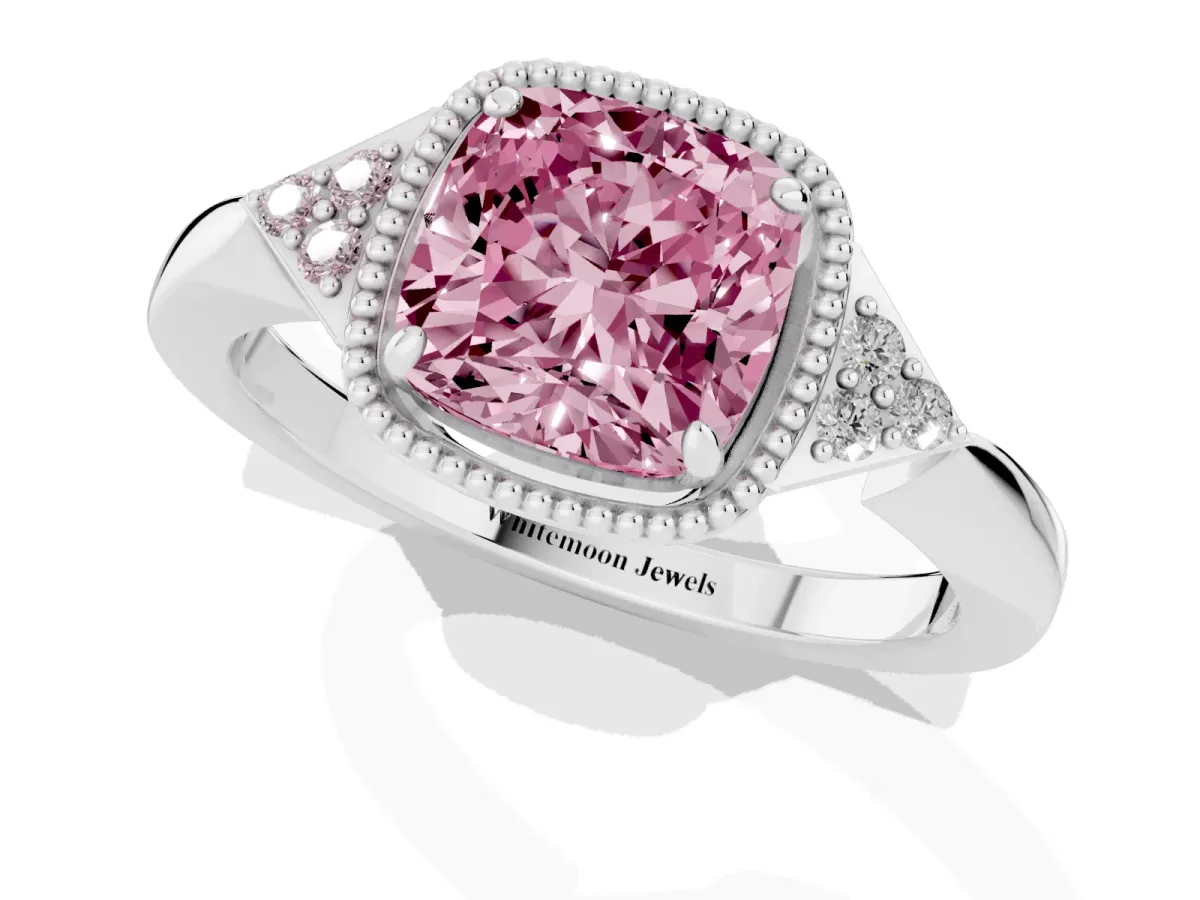 Fancy Pink Cushion Cut Diamond Halo Ring with Tapered Band and Four-Prong Setting White gold