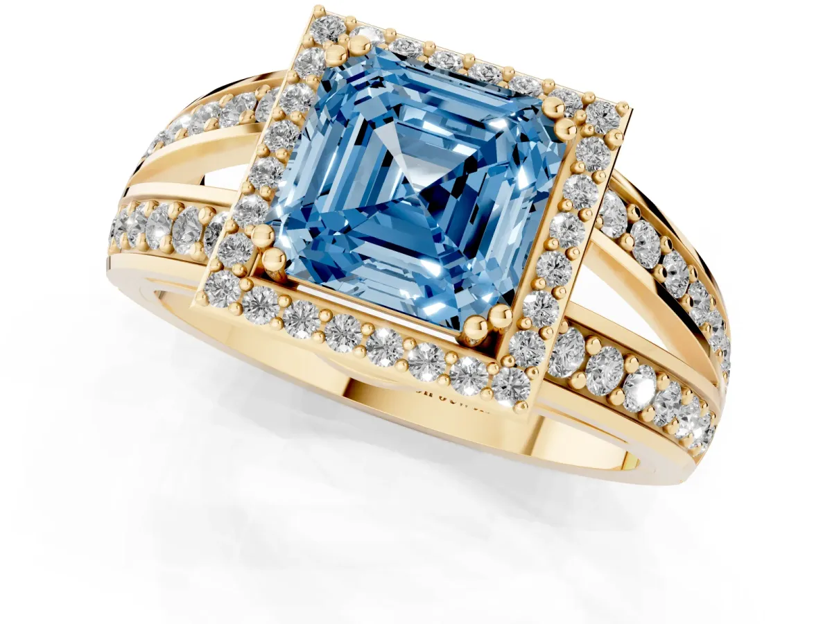 Fancy Blue Asscher Cut Diamond Halo Ring with Split Shank Pavé Band and Four-Prong Setting Yellow gold