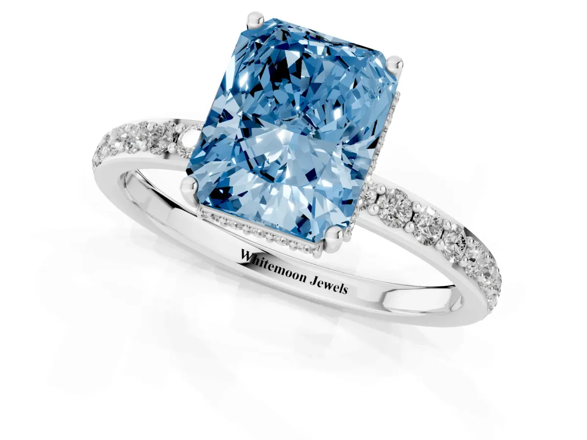 Fancy Blue Radiant Cut Diamond Solitaire Ring with Pavé Band and Hidden Halo Silver
