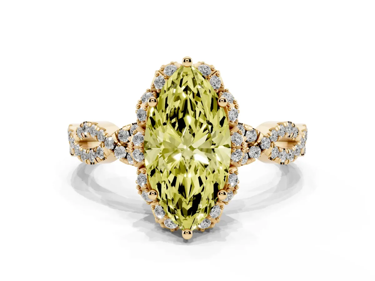 Fancy Yellow Marquise Cut Halo Twist Band Solitaire Ring with Six-Prong Setting Yellow gold