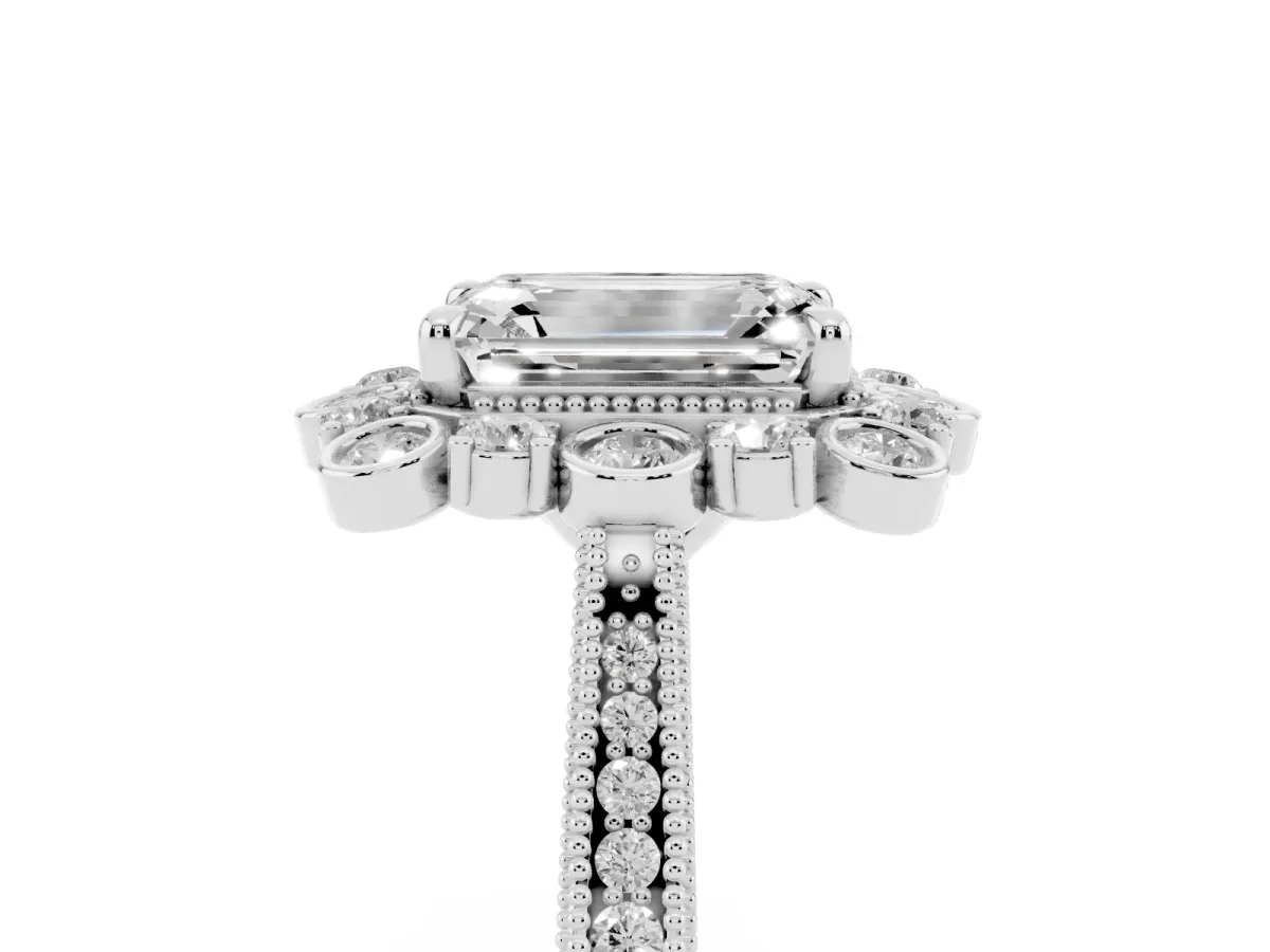 Emerald Cut Halo Milgrain Pave Diamond Ring with Four-Prong Setting Platinum