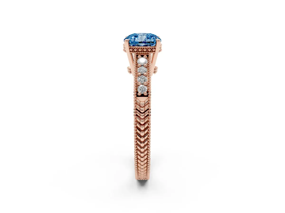 Fancy Blue Cushion Cut Solitaire Pavé Diamond Milgrain Engagement Ring with Four-Prong Setting Rose gold