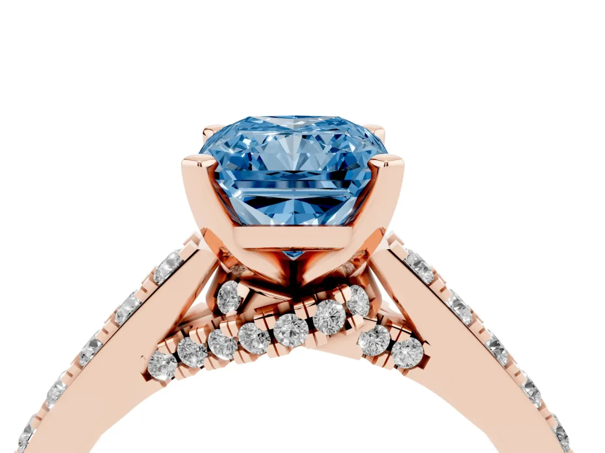 Fancy Blue Radiant Cut Diamond Solitaire Ring with Crossover Gallery and Round Pavé Band Rose gold