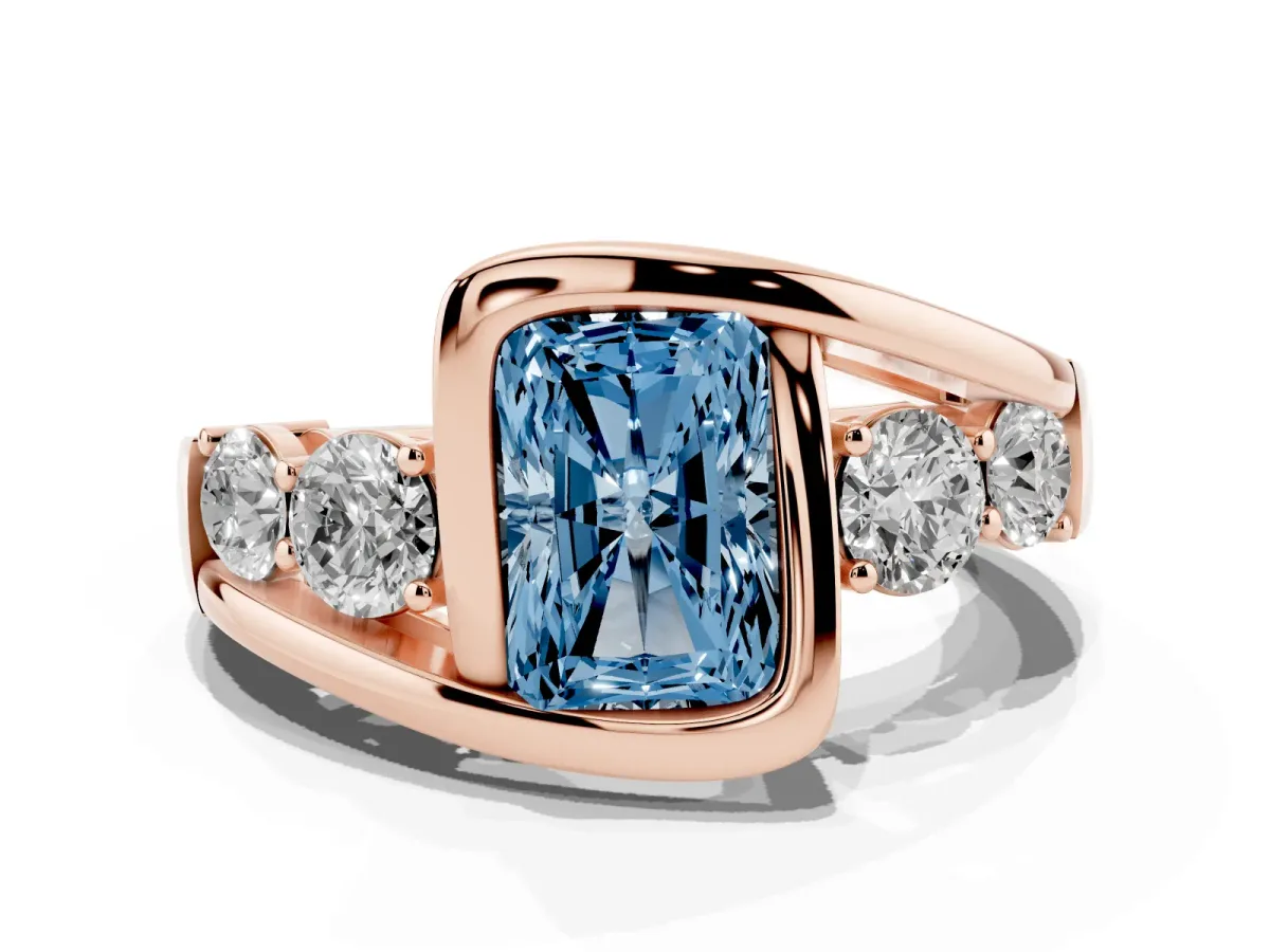 Fancy Blue Bezel Set Radiant Cut Diamond Bypass Ring with Round Accents Rose gold