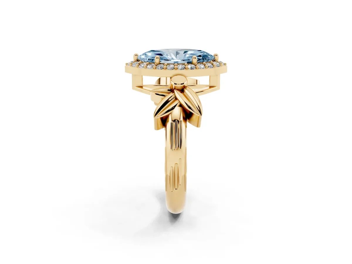 Fancy Blue Marquise Cut Halo Diamond Floral Band with Four-Prong Setting Yellow gold