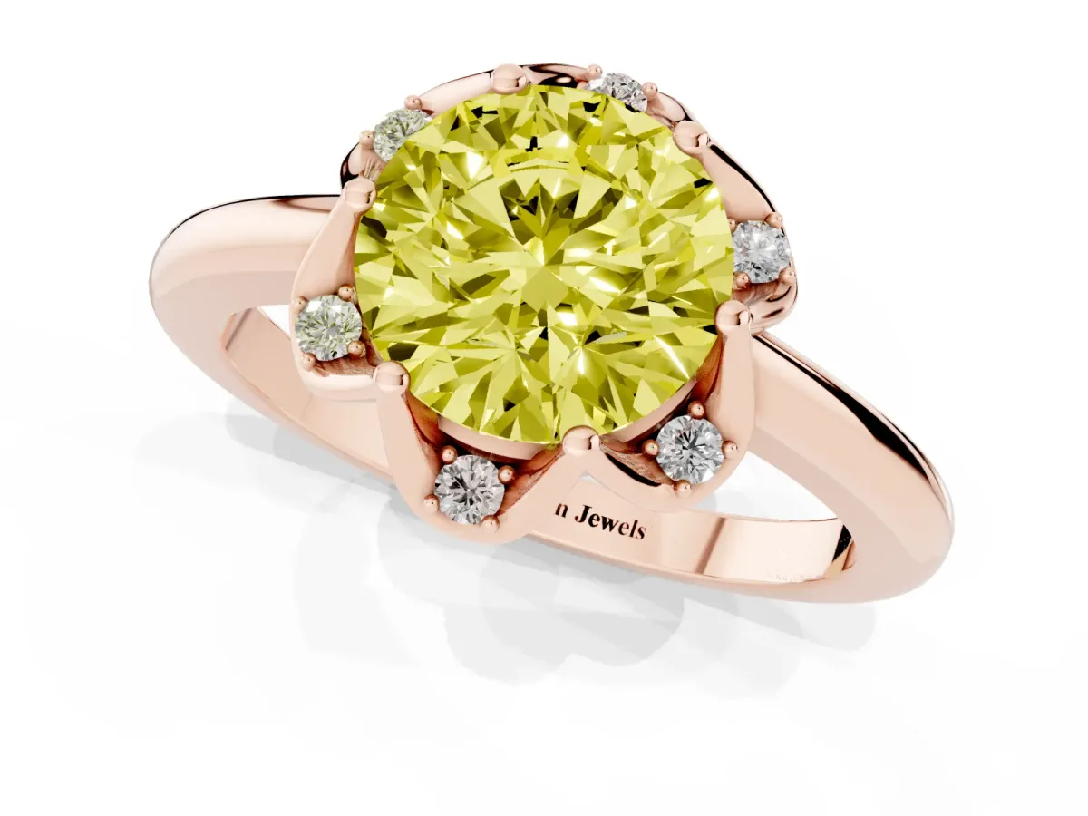 Fancy Yellow Round Cut Halo Diamond Ring with Round Cluster Setting, Solitaire Band, and Four-Prong Setting Rose gold