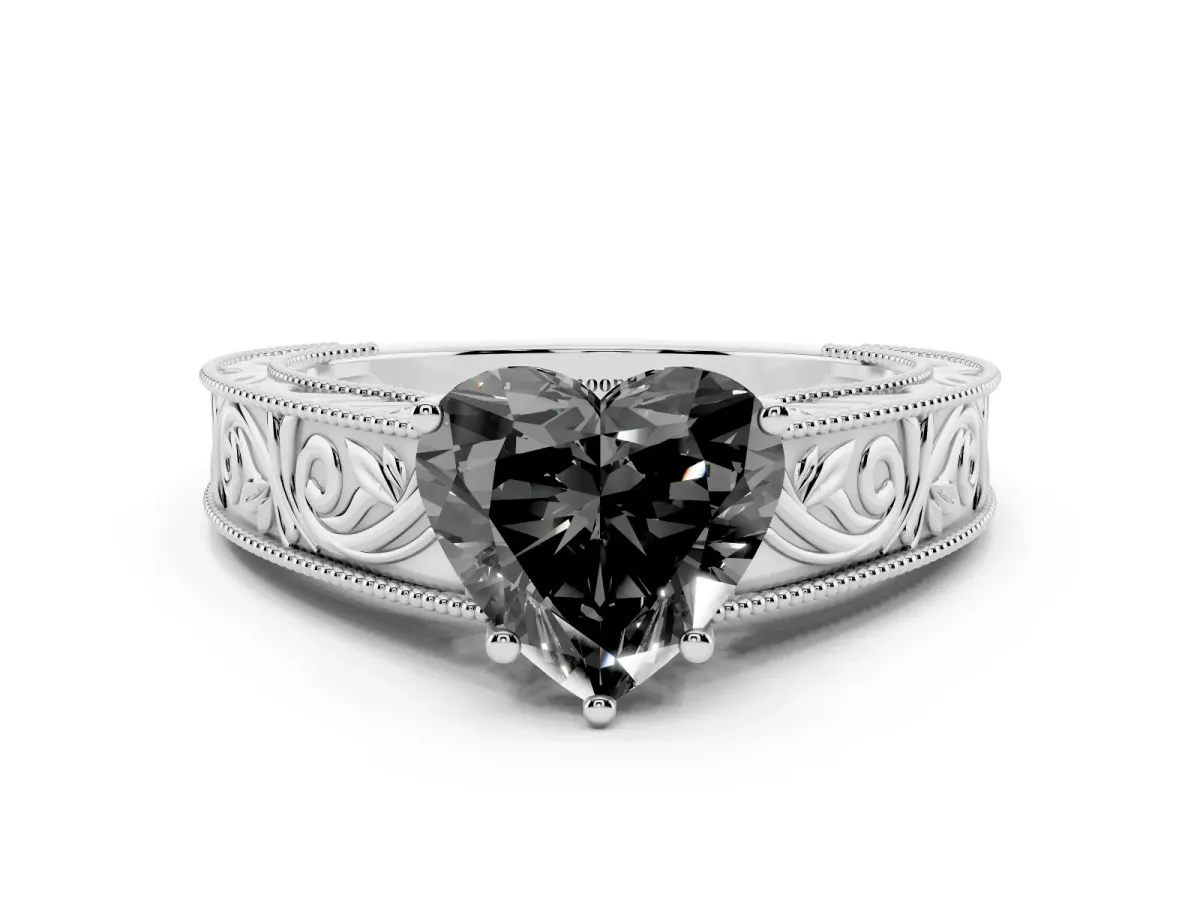 Fancy Black Heart Cut Diamond Solitaire Ring with Engraved Band and Four-Prong Setting Platinum