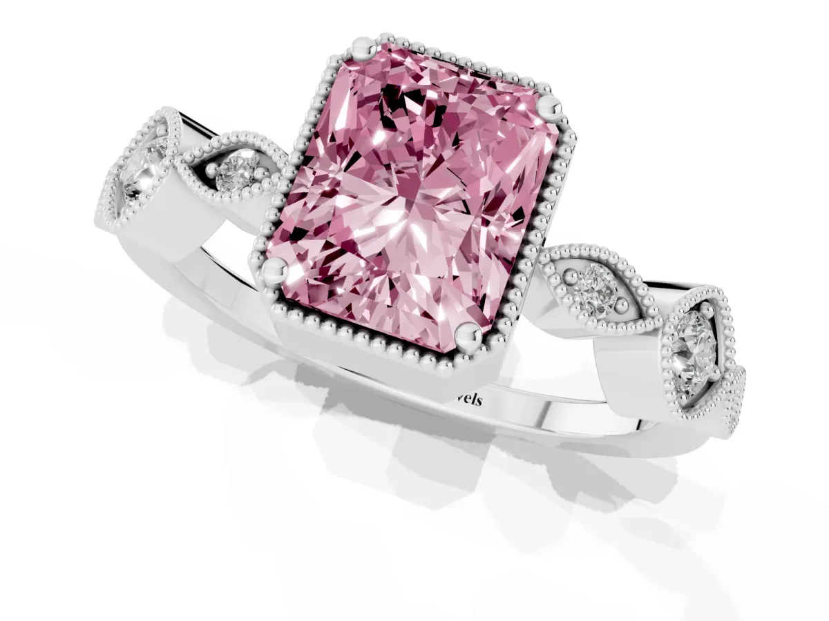 Fancy Pink Radiant Cut Diamond Vintage Milgrain Ring with Round Stations Silver