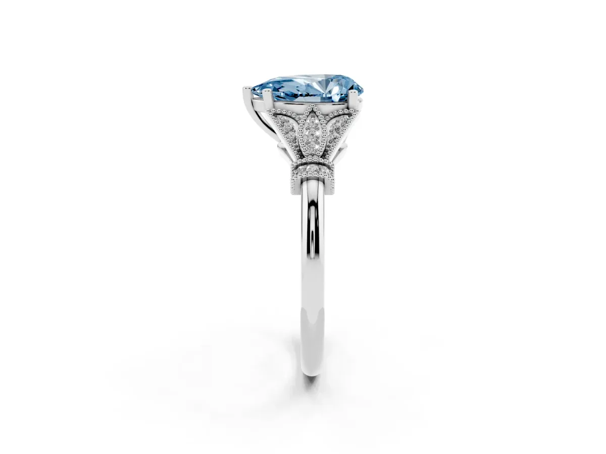 Fancy Blue Pear Cut Diamond Solitaire Ring with Floral Filigree and Pave Accents Silver