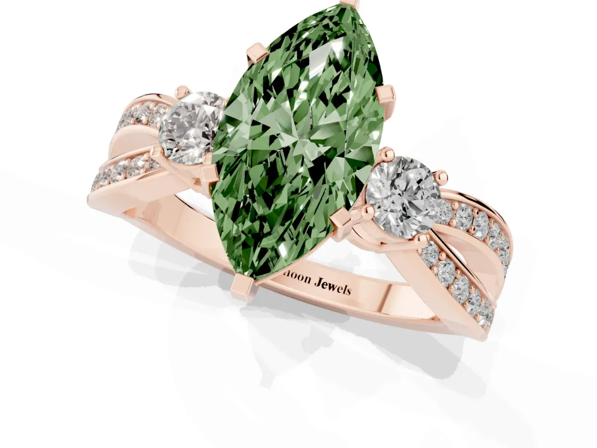 Fancy Green Three-Stone Marquise Cut Cut Diamond Twist Band with Prong Setting Rose gold