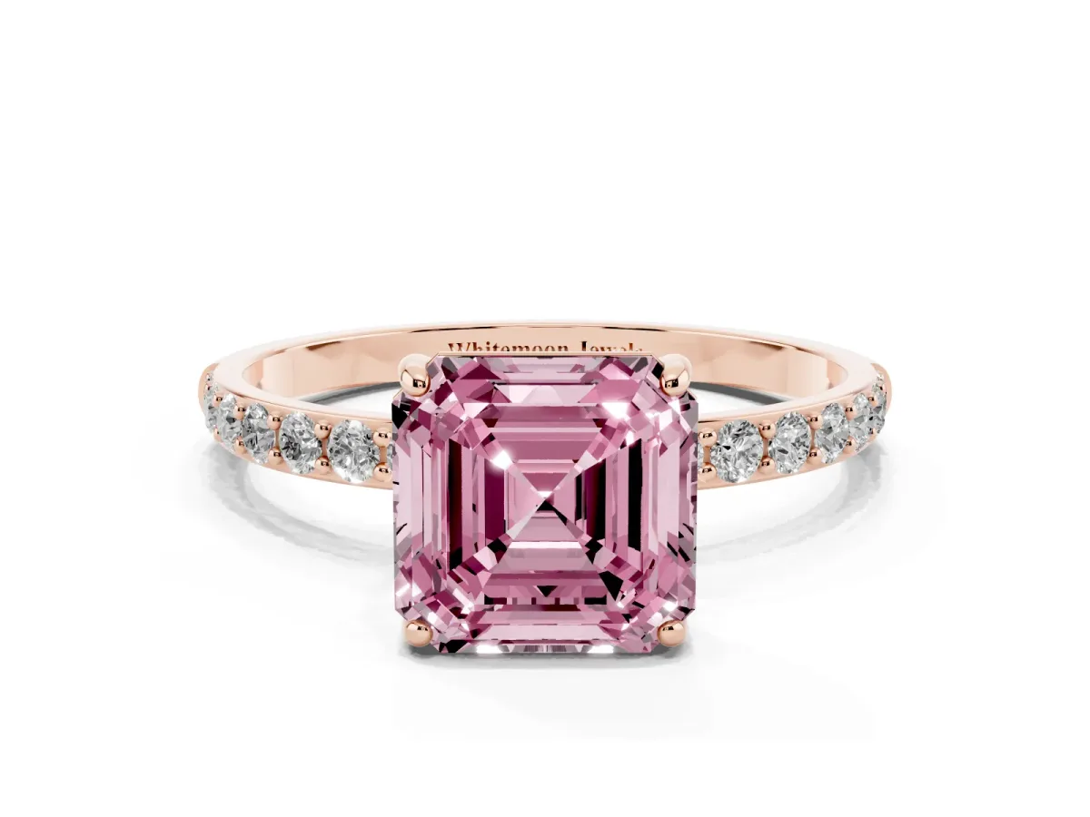 Fancy Pink Asscher Cut Diamond Solitaire Ring with Round Pavé Shoulders and Prong Setting Rose gold