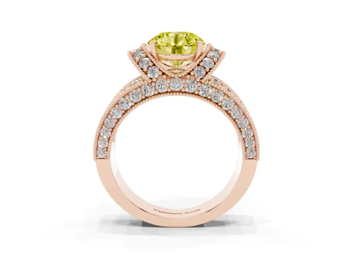 Fancy Yellow Round Cut Halo Pave Diamond Engagement Ring with Milgrain Detailing Rose gold