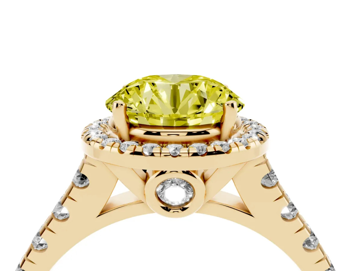 Fancy Yellow Round Cut Halo Pavé Diamond Engagement Ring with Four-Prong Setting Yellow gold