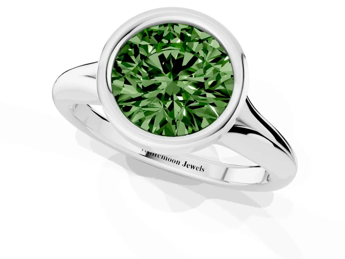 Fancy Green Bezel Set Round Cut Solitaire Diamond Ring with Smooth Band Silver