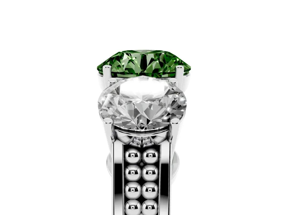 Fancy Green Round Cut Diamond Three-Stone Ring with Prong Setting and Textured Band Silver