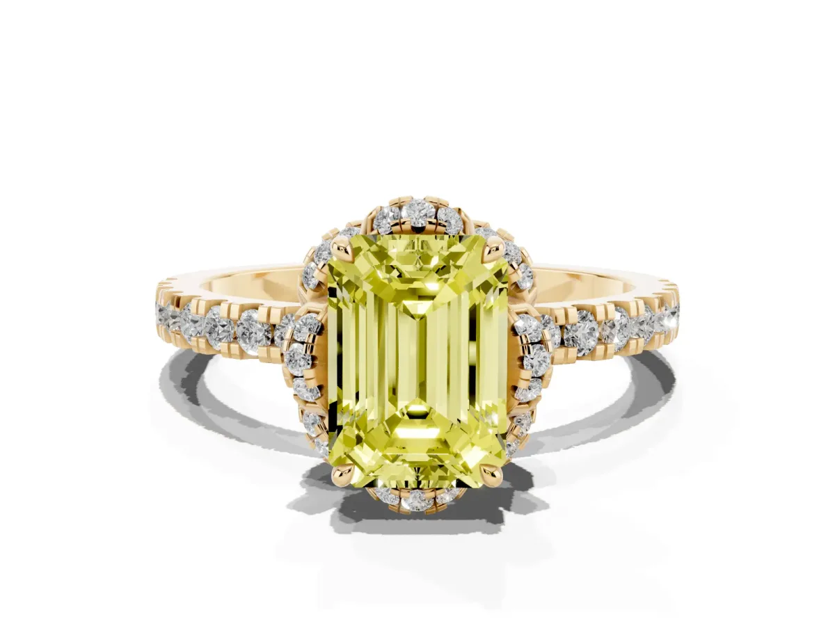 Fancy Yellow Emerald Cut Diamond Halo Pave Band with Four-Prong Setting Yellow gold