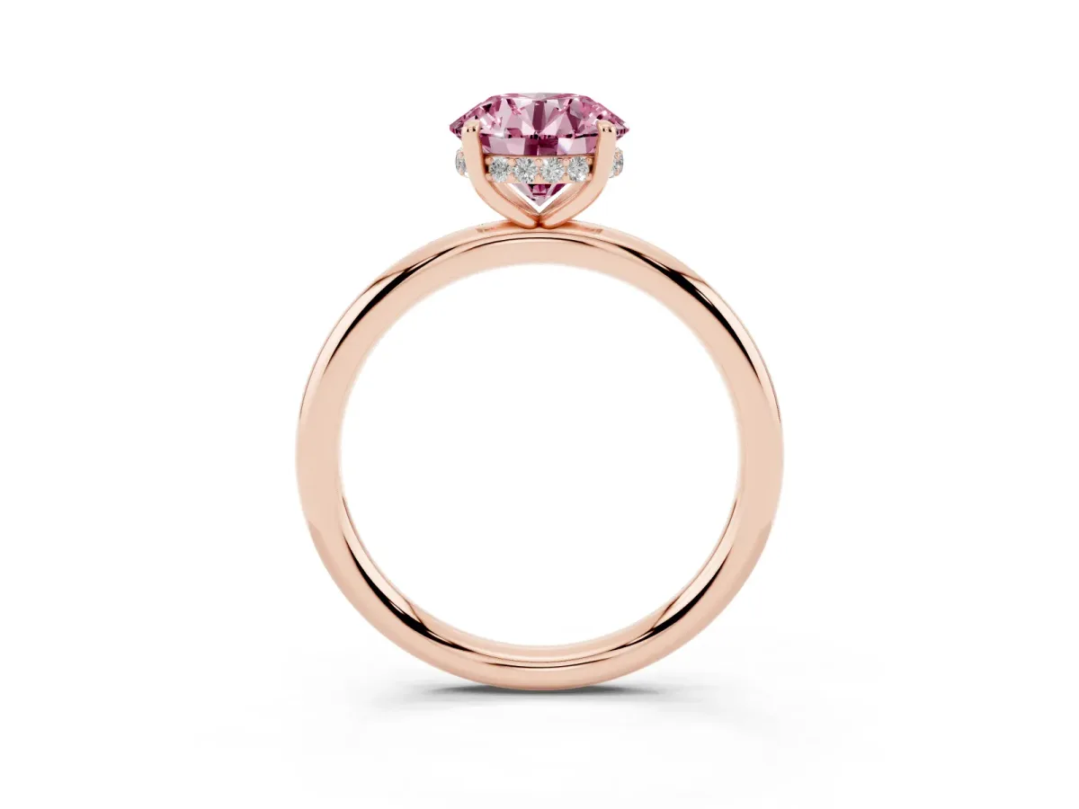 Fancy Pink Round Cut Diamond Solitaire Ring with Thin Band and Four-Prong Setting Rose gold