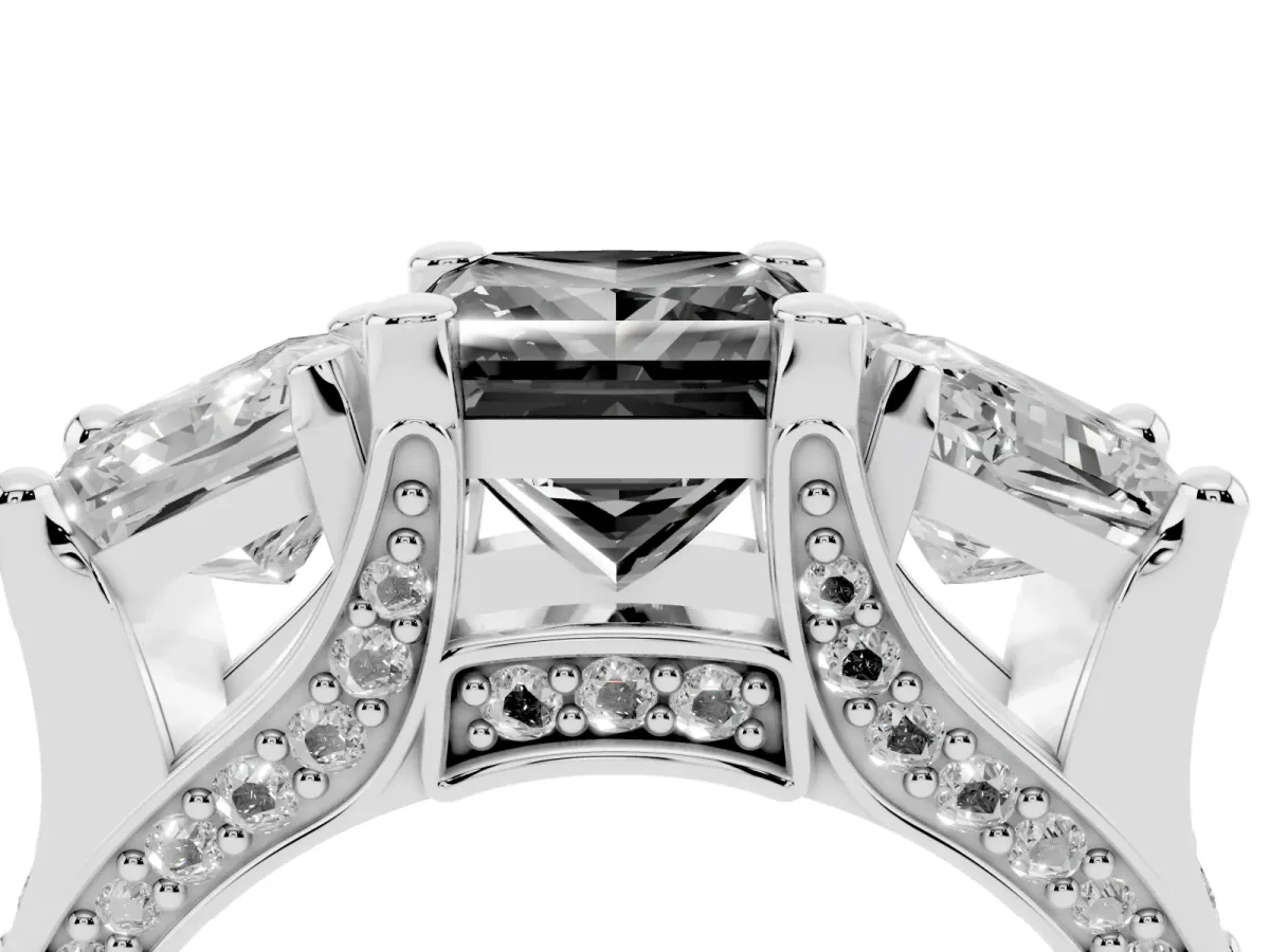Fancy Black Princess Cut Diamond Three-Stone Ring with Channel Set Band and Four-Prong Setting Platinum